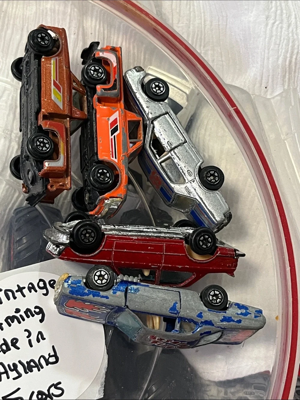Set of 5 Vintage Toy Race Cars - Blue, Red, Orange, Brown, Silver